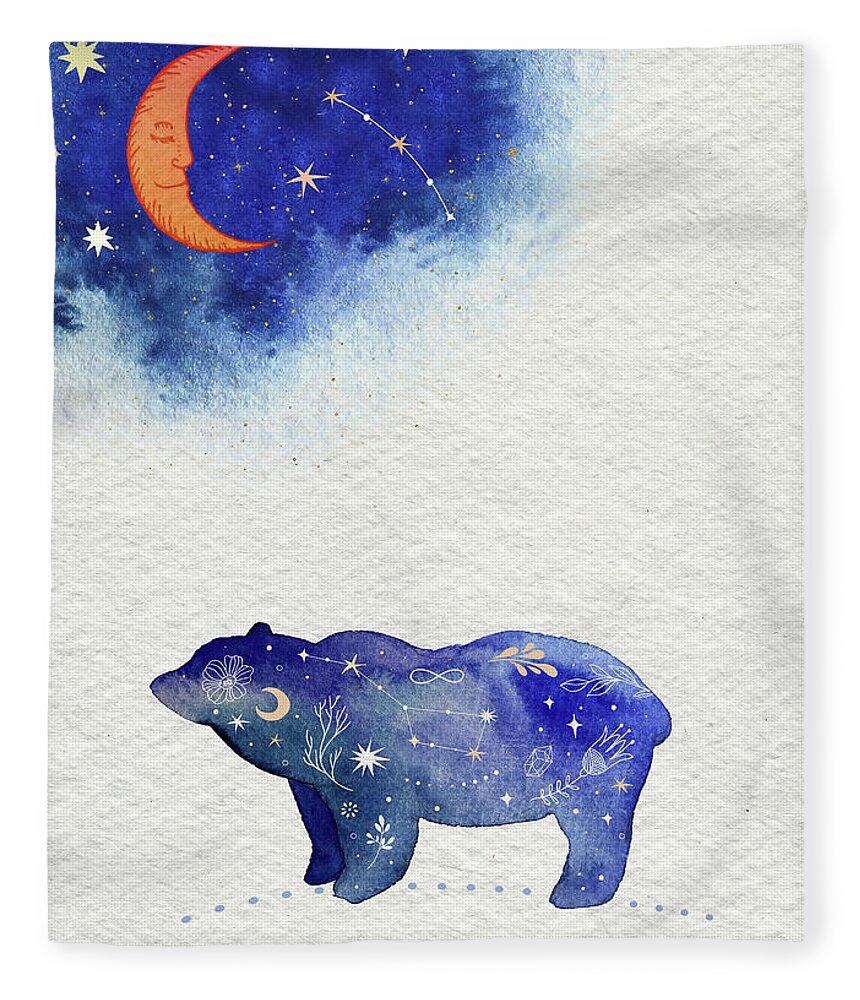 Bear And Moon Fleece Blanket featuring the painting Bear And Moon by Garden Of Delights