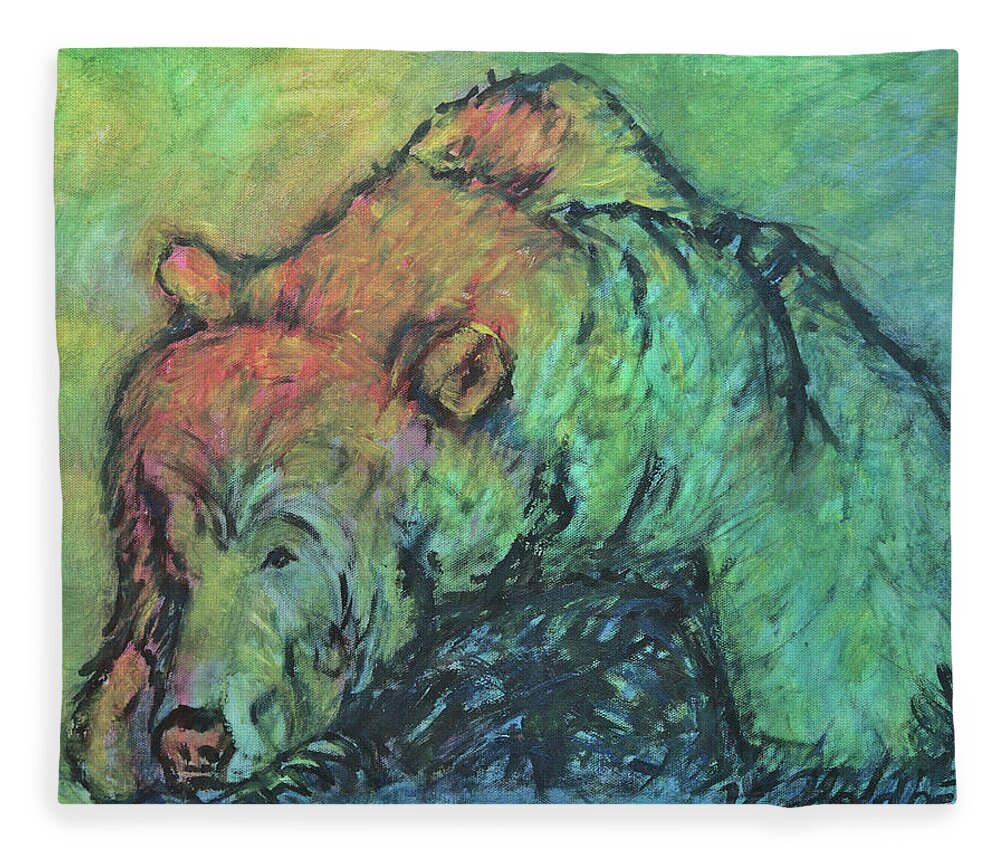 Bear Fleece Blanket featuring the painting Bear in Sunset by Vibeke Moldberg