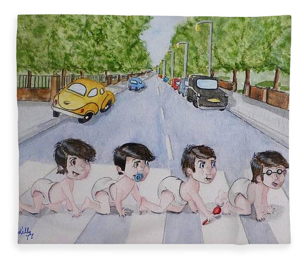 Beatles Fleece Blanket featuring the painting Beatles Abbey Road .... Babies by Kelly Mills