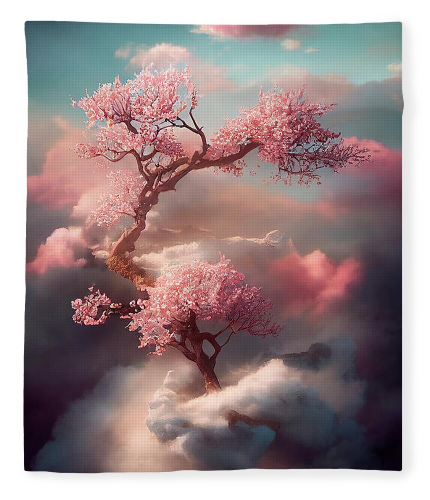 Cherry Fleece Blanket featuring the digital art Beautiful dreamy cherry blossom tree from heavenly clouds. Abstr by Jelena Jovanovic