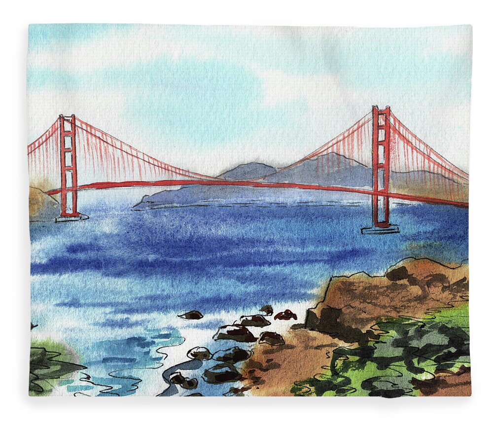 Bridge Fleece Blanket featuring the painting Beautiful Golden Gate Bridge San Francisco Bay Watercolor by Irina Sztukowski