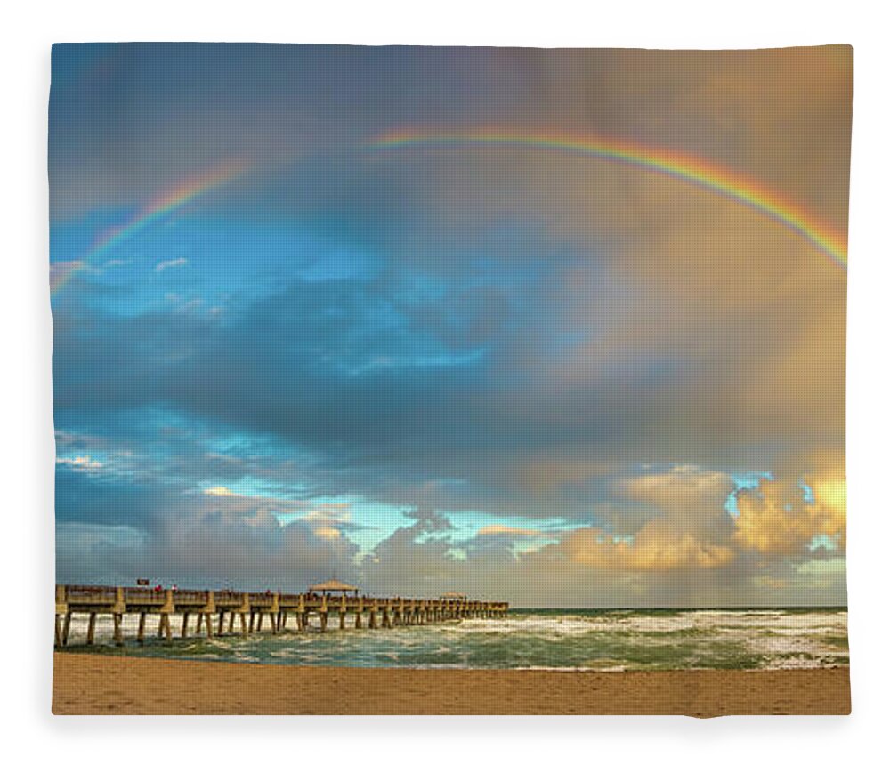 Atlantic Ocean Fleece Blanket featuring the photograph Beautiful Rainbow Over Juno Beach Pier Florida by Kim Seng