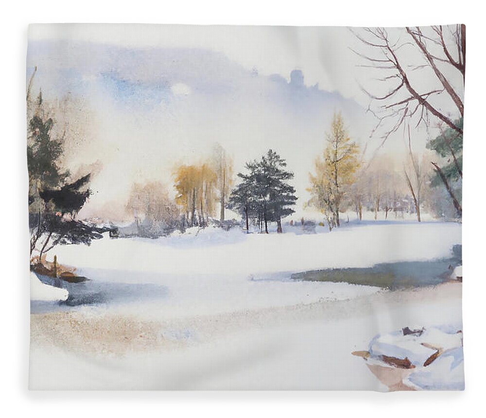 Frozen Lake Fleece Blanket featuring the digital art Beautiful Winter Scene by Alison Frank
