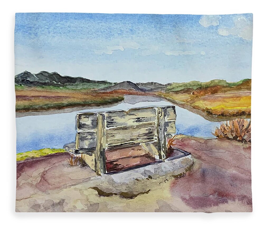 Bench Fleece Blanket featuring the painting Bench with a view by Tracy Hutchinson
