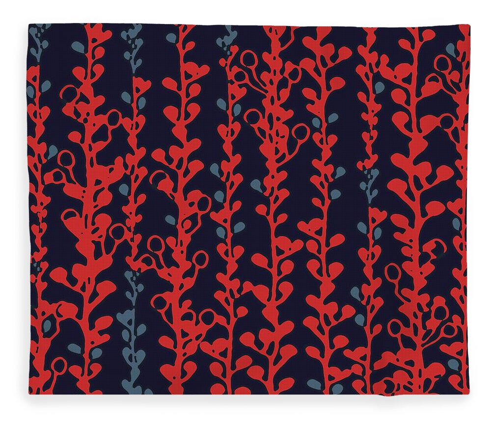Vines Fleece Blanket featuring the digital art Berry Vines Red and Navy by Sand And Chi