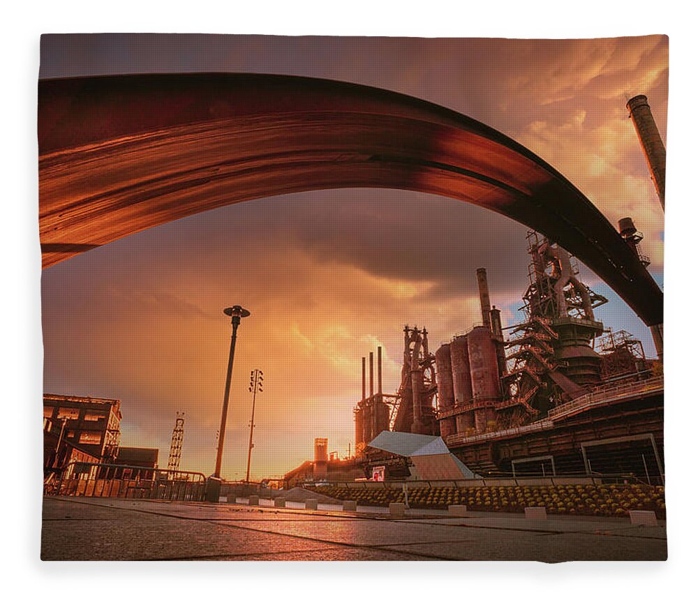 Bethlehem Fleece Blanket featuring the photograph Bethlehem SteelStacks Under The Bridge - Stormy Skies by Jason Fink