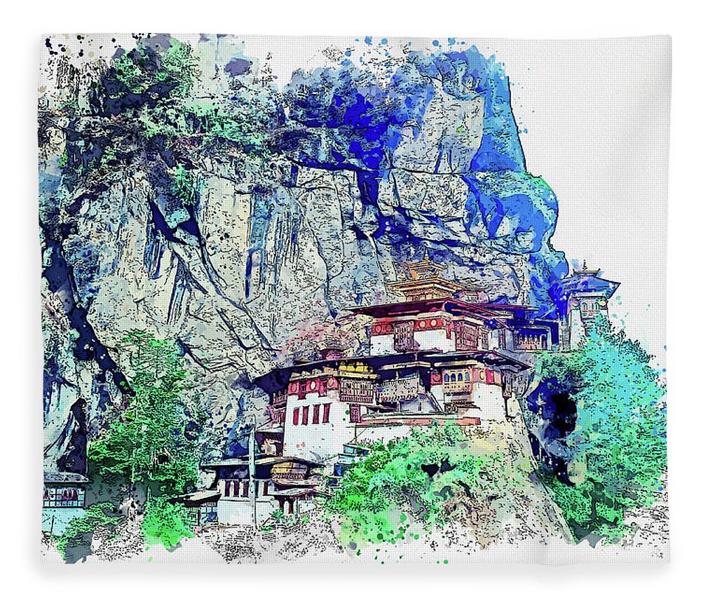 Bhutan 4 - Watercolor Ca 2020 By Ahmet Asar Fleece Blanket featuring the digital art Bhutan 4 - Watercolor ca 2020 by Ahmet Asar by Celestial Images