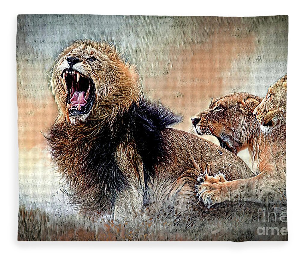 Lions Fleece Blanket featuring the mixed media Bickering Three by DB Hayes