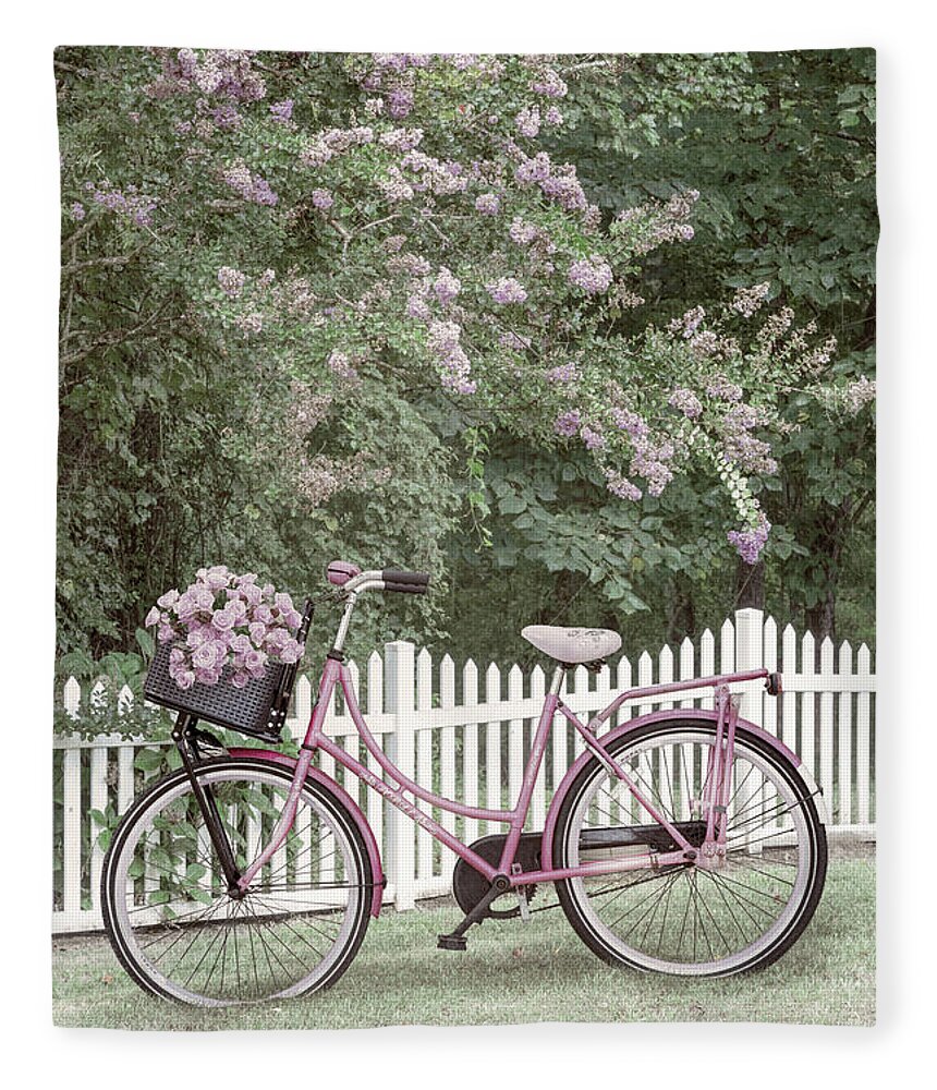 Carolina Fleece Blanket featuring the photograph Bicycle by the Farmhouse Garden Fence by Debra and Dave Vanderlaan