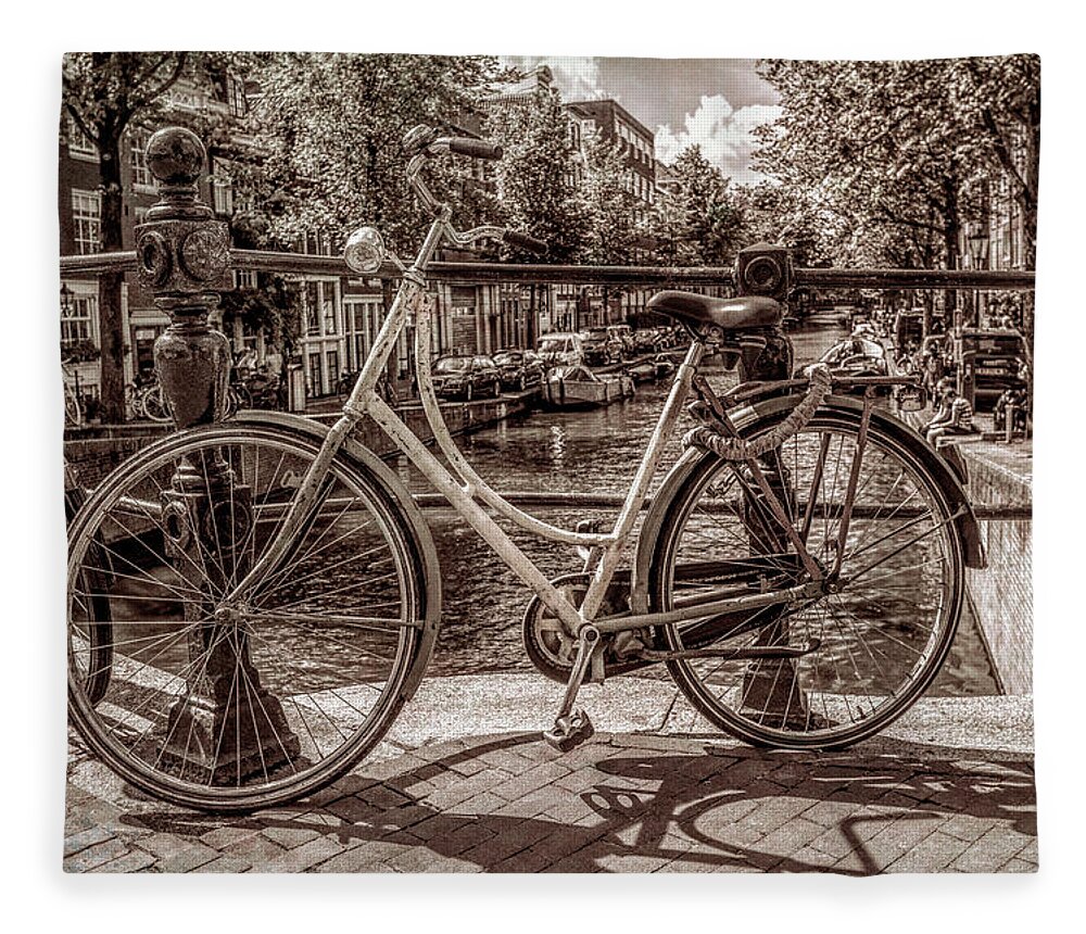 Boats Fleece Blanket featuring the photograph Bicycles on the Canals in Vintage Sepia by Debra and Dave Vanderlaan