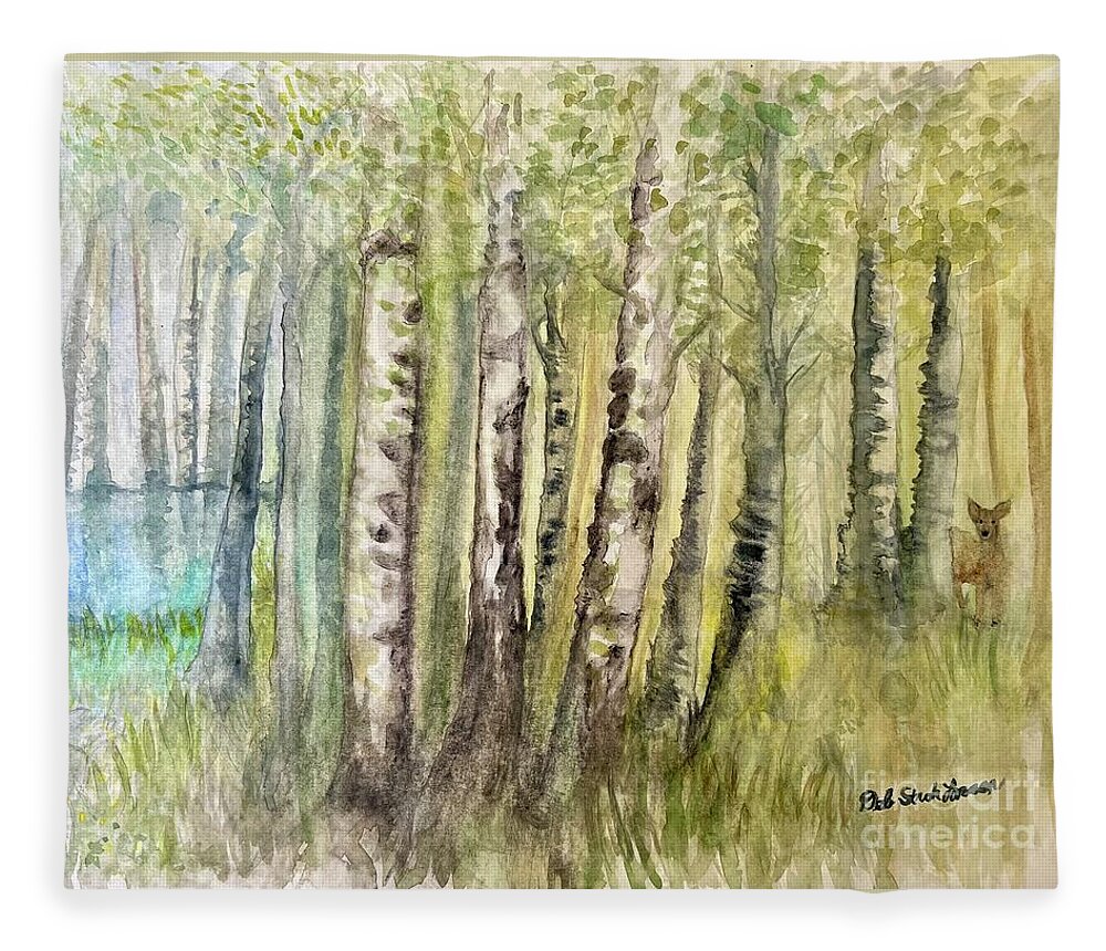 Birch Trees Fleece Blanket featuring the painting Birch Forest Visitor by Deb Stroh-Larson