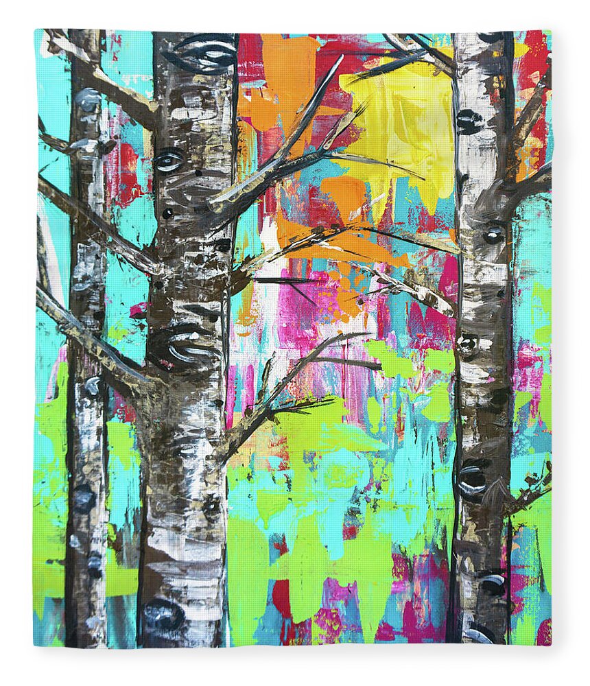 Birch Fleece Blanket featuring the painting Birch Wood Trees at Sunset in the Forest by Joanne Herrmann