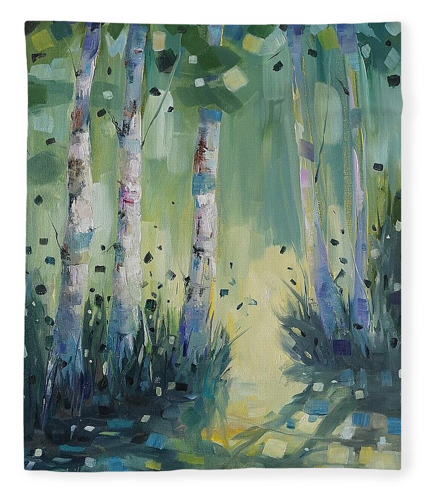 Birches Fleece Blanket featuring the painting Birches with Portal by Sheila Romard