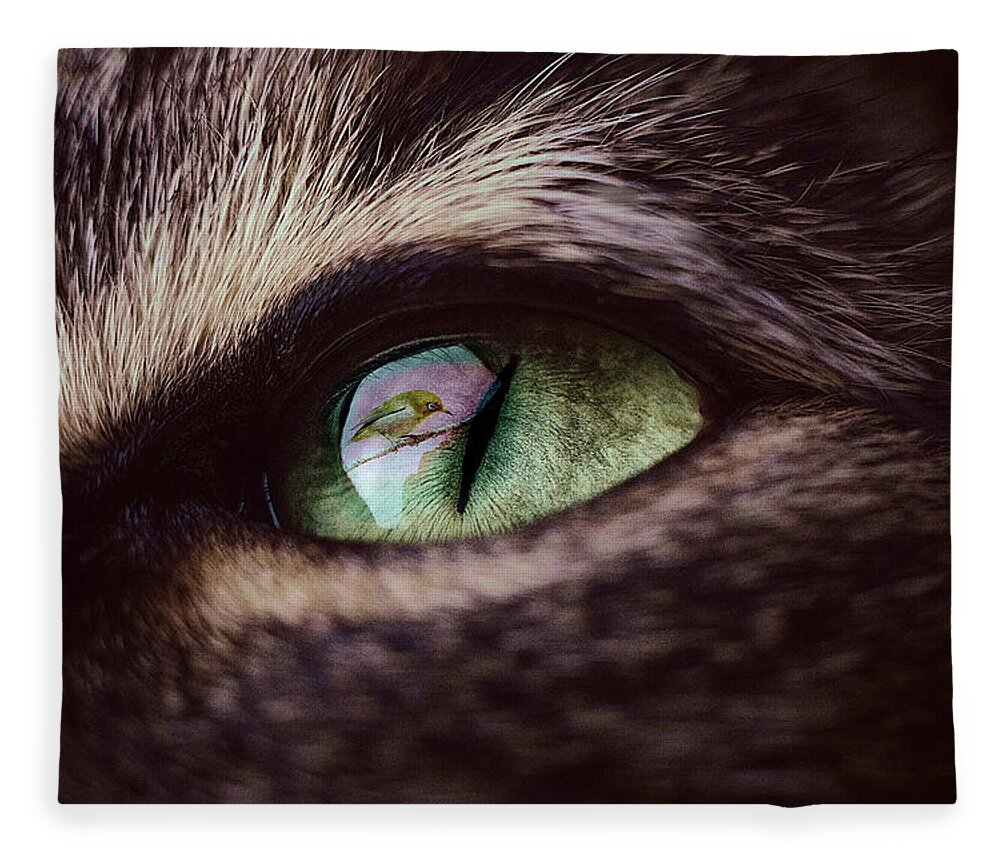 Reflection Fleece Blanket featuring the digital art Bird Reflecting in a Cat's Eye by Shelli Fitzpatrick