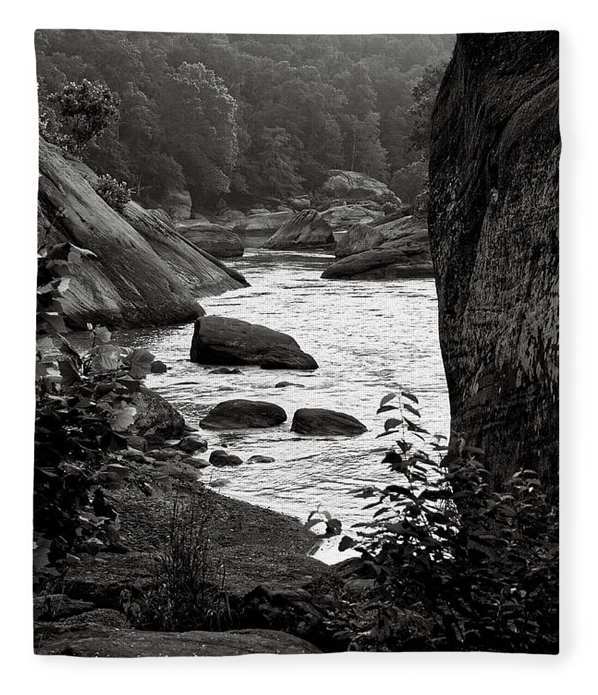 Boulders Fleece Blanket featuring the photograph Black And White Cumberland River by Phil Perkins