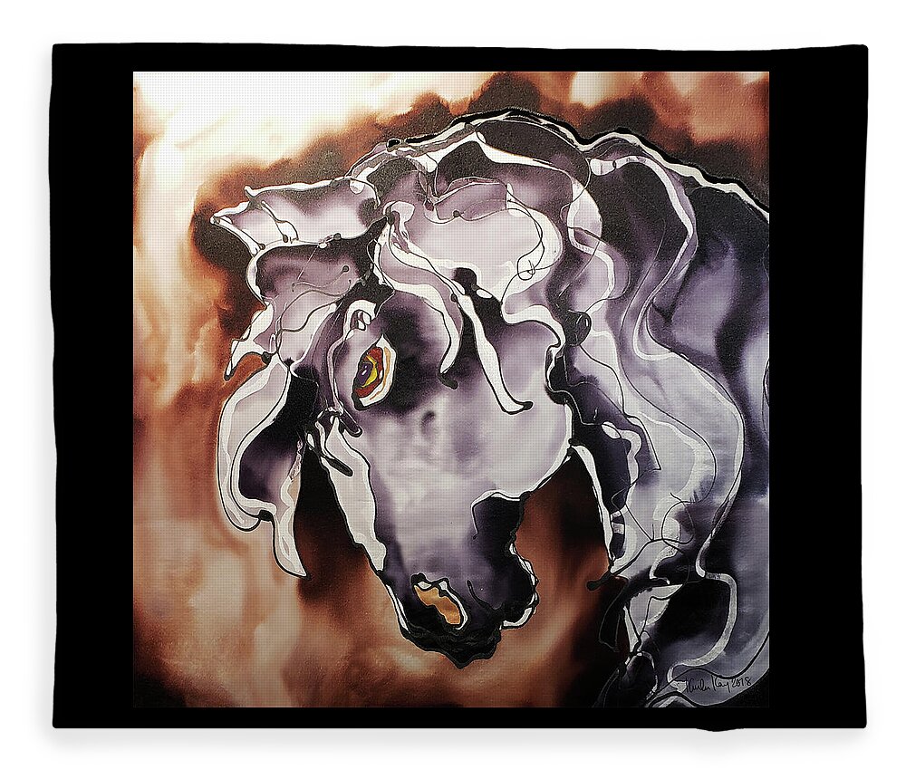 Hand Painted Silk Fleece Blanket featuring the painting Black and white horse at dusk by Karla Kay Benjamin