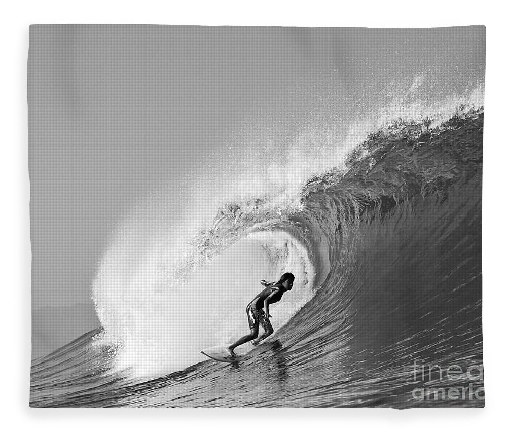 Black and White Print of a Surfer Surfing at Pipeline Hawaii Fleece Blanket  by Paul Topp - Pixels