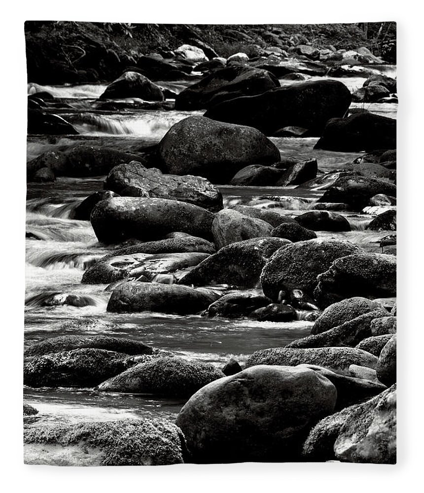 Little River Fleece Blanket featuring the photograph Black And White Rocky River 3 by Phil Perkins