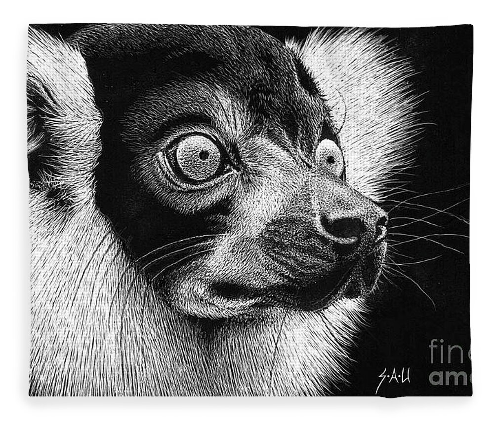 Lemur Fleece Blanket featuring the drawing Black and White Ruffed Lemur by Sheryl Unwin