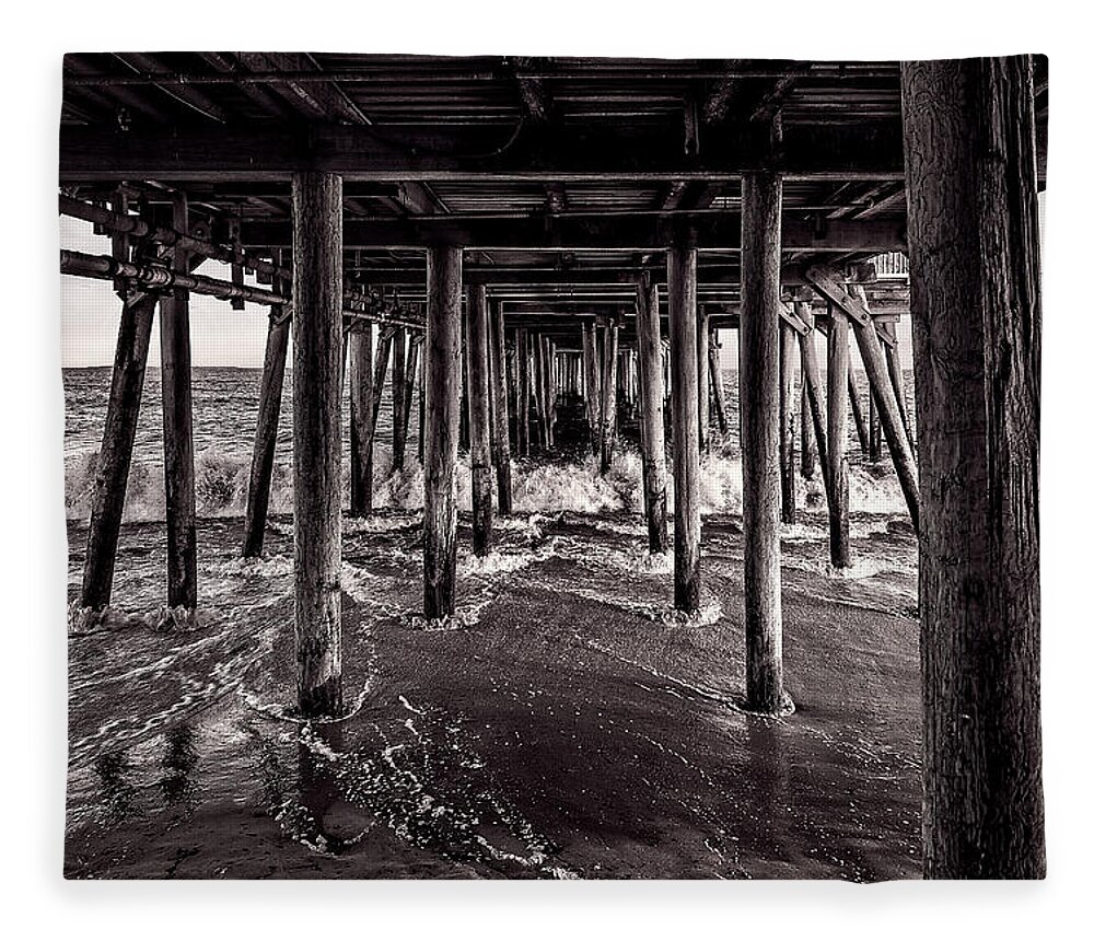 Best Maine Photos Fleece Blanket featuring the photograph Black and White Under the Boardwalk - Old Orchard Beach in Maine by Mitchell R Grosky