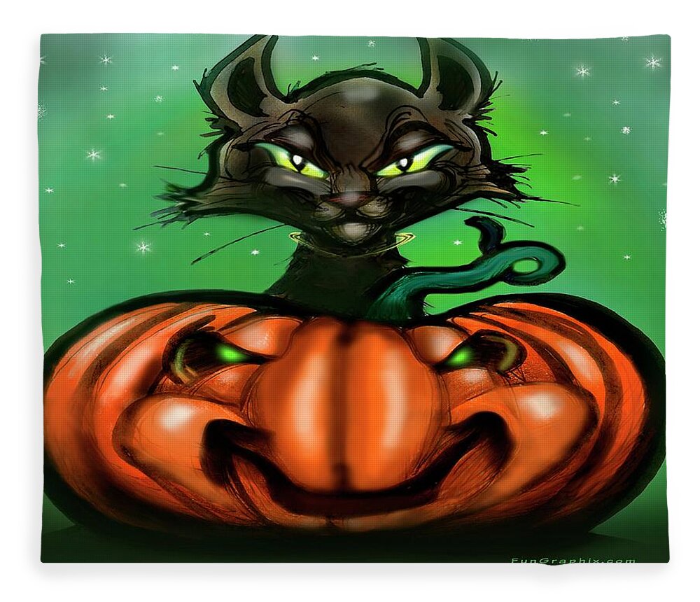 Halloween Fleece Blanket featuring the digital art Black Cat n Pumpkin by Kevin Middleton
