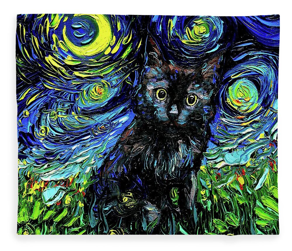 Black Cat Night 3 Fleece Blanket featuring the painting Black Cat Night 3 by Aja Trier