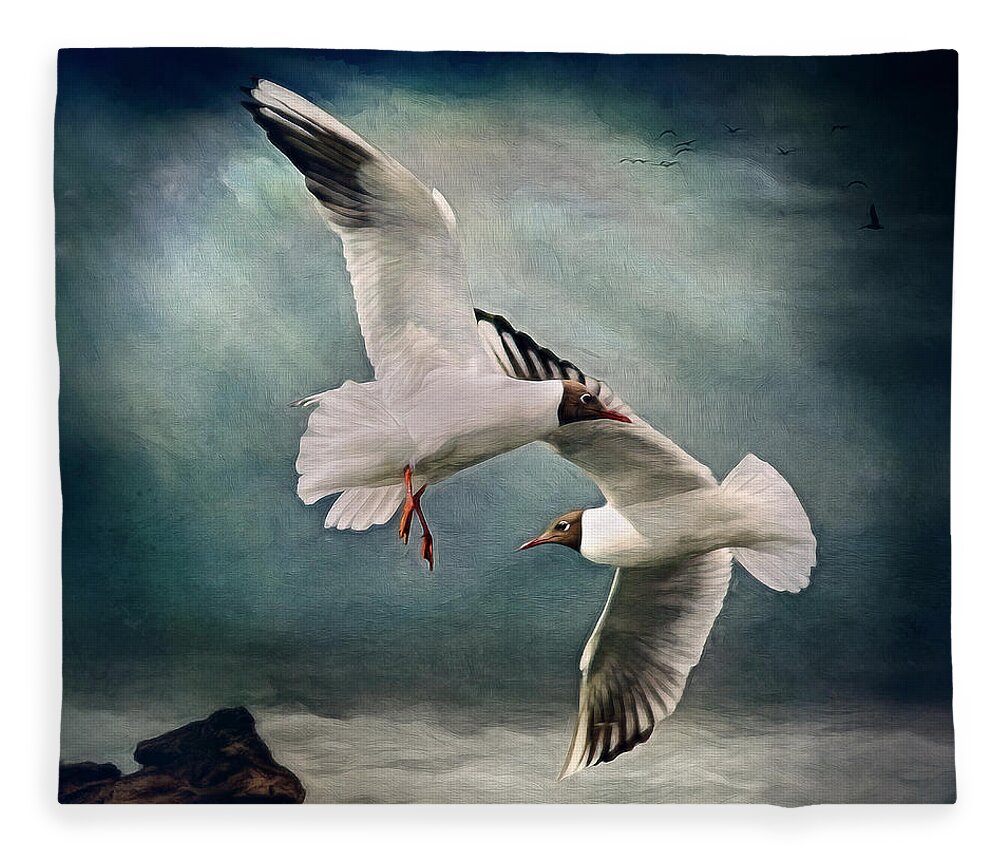 Gulls Fleece Blanket featuring the digital art Black Headed Gulls by Maggy Pease