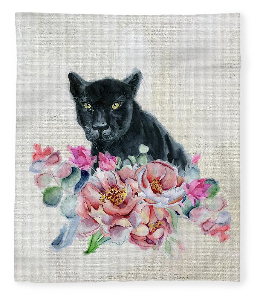 Black Panther Fleece Blanket featuring the painting Black Panther With Flowers by Garden Of Delights