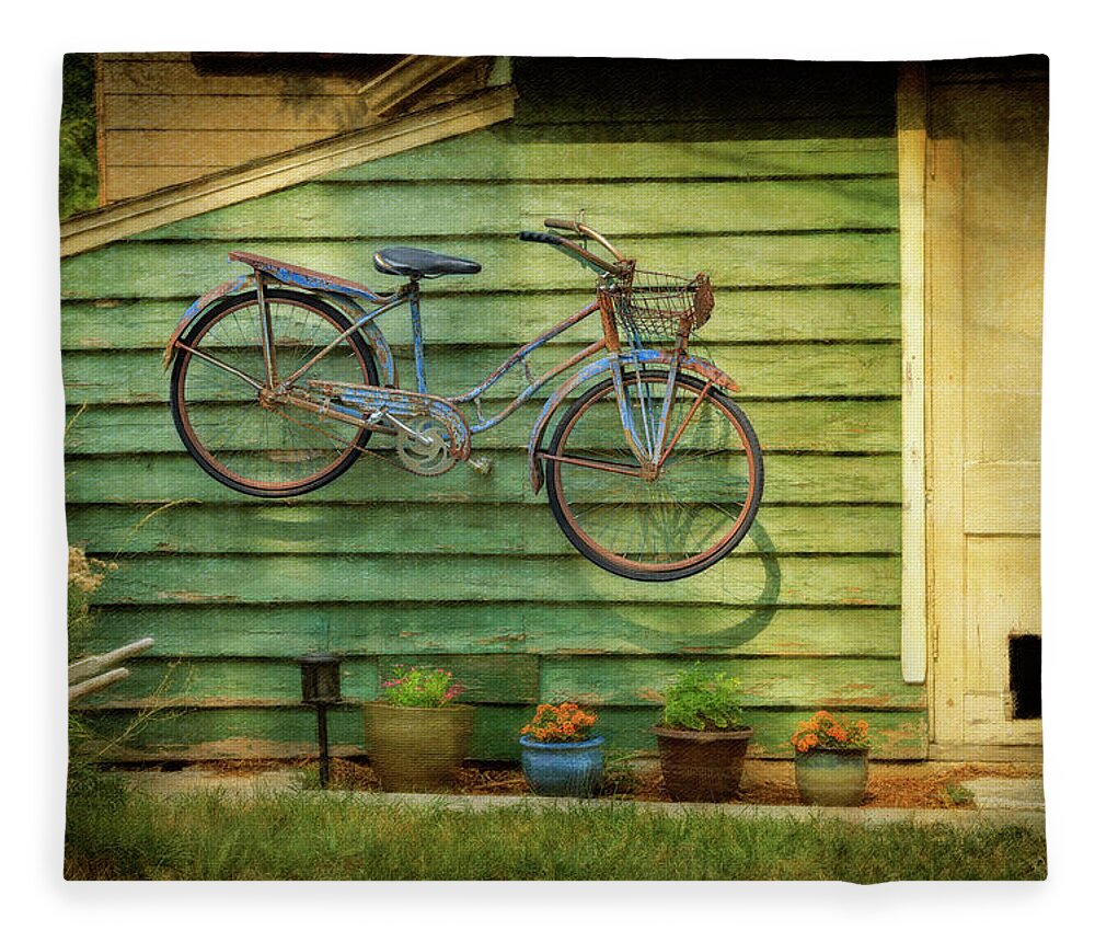 Aib_2022 #2551 Fleece Blanket featuring the photograph Blue Bicycle on the Wall by Craig J Satterlee