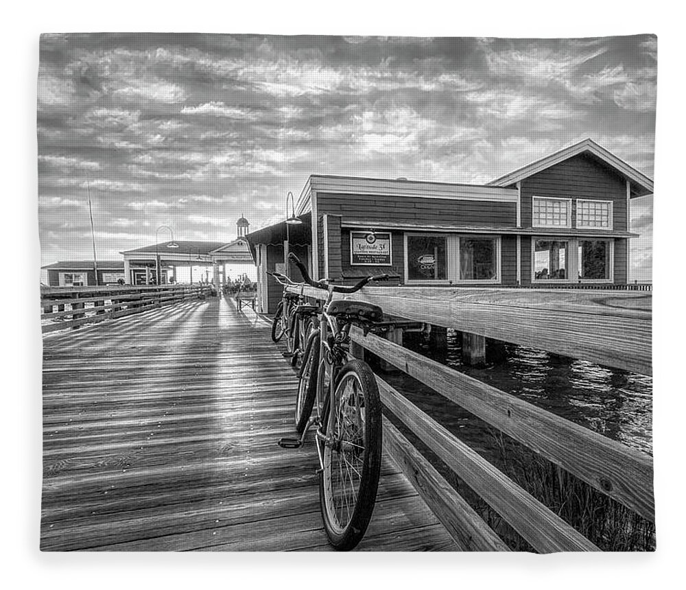 Clouds Fleece Blanket featuring the photograph Blue Bicycles on the Jekyll Island Boardwalk Pier Black and Whit by Debra and Dave Vanderlaan