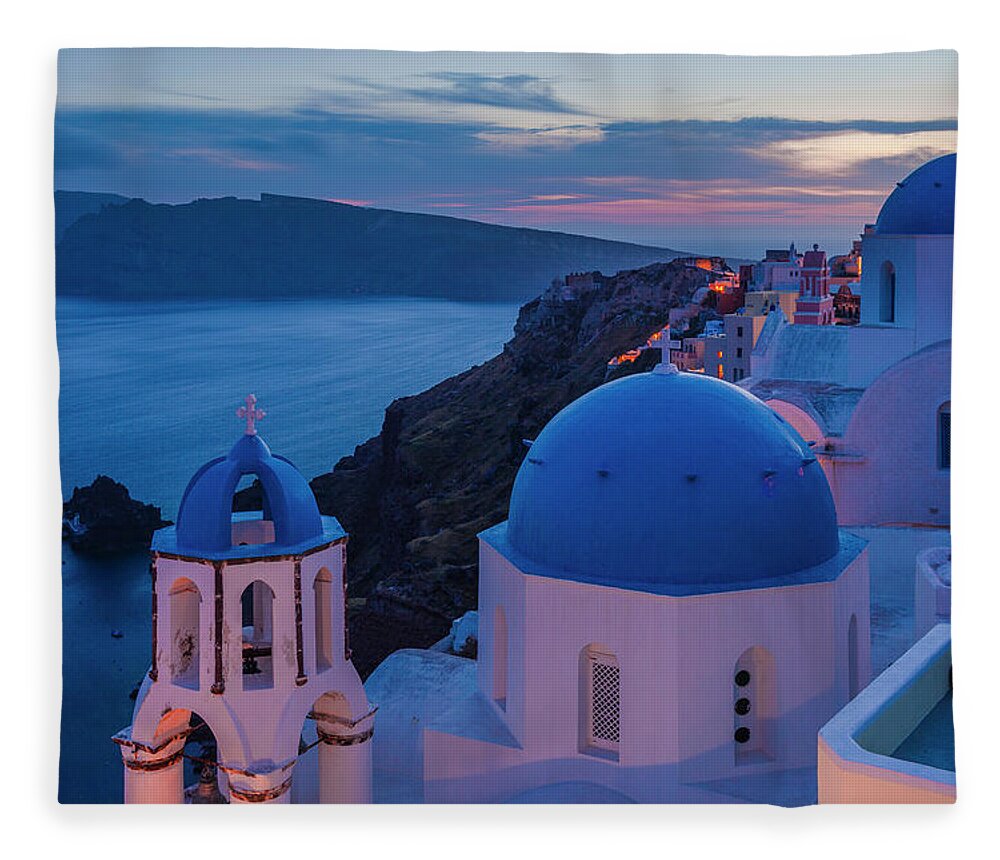 Aegean Sea Fleece Blanket featuring the photograph Blue Domes Of Santorini by Evgeni Dinev
