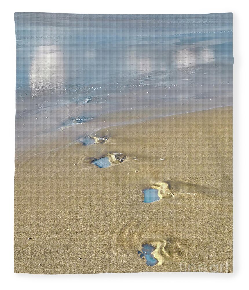 Footprints Yellow Sand Sea Beach Shore Clouds Reflections High Tide Blue Sky Serenity Dainty Gentle Tender Dream Fairy Loneliness Calmness Impressions Impressionistic Delicate Imaginations Nice Attractive Pretty Beautiful Delighted Conceptual Thoughtful Soft Shades Pastel Watercolor Color Relaxation Restful Seascape Landscape Wonderland Peaceful Nature Abstract Solitude Contemporary Charming Painterly Artistic Magical Trails Steps Atmospheric Solitary Alone Lonely Sole Single Solo Airy Stylish Fleece Blanket featuring the photograph Blue Footprints Into Clouds by Tatiana Bogracheva