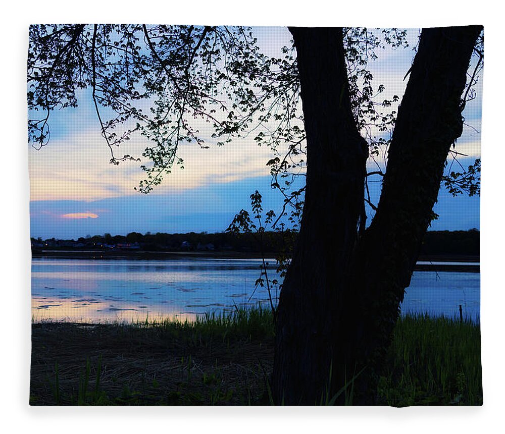 New England Fleece Blanket featuring the photograph Blue Hour Marsh with Tree in Silhouette by Marianne Campolongo
