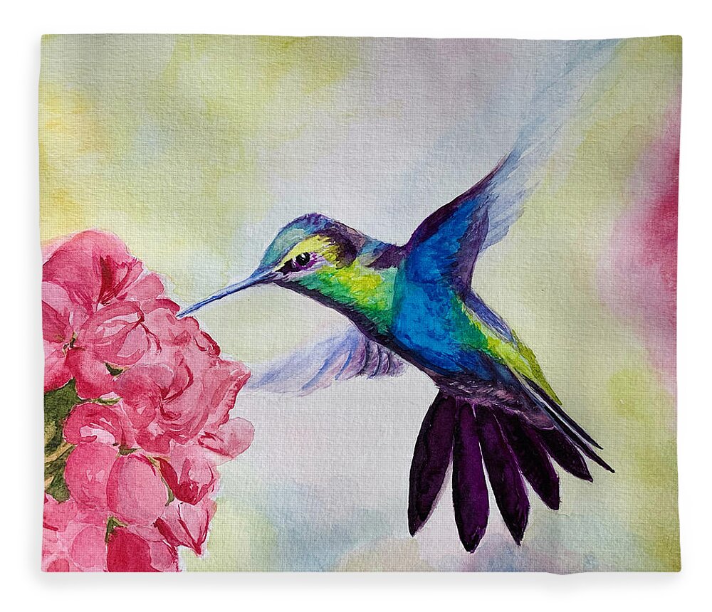 Humming Bird Fleece Blanket featuring the painting Blue Hummingbird by Tracy Hutchinson