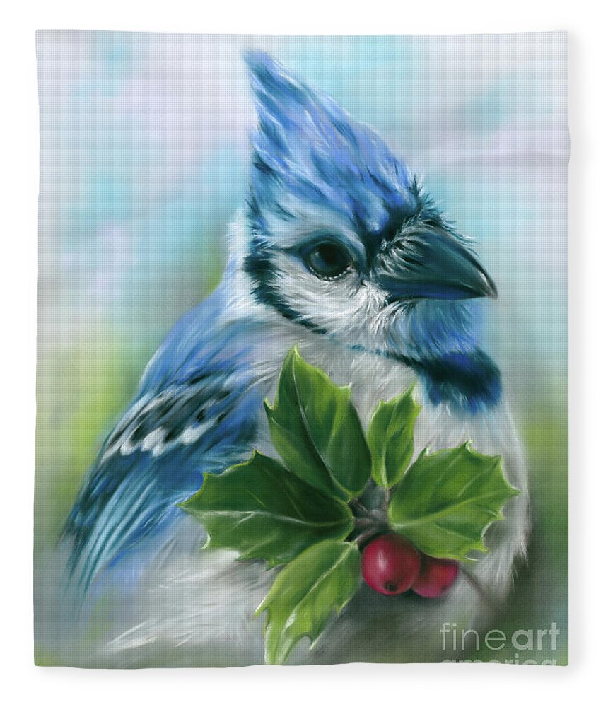 Bird Fleece Blanket featuring the painting Blue Jay with Holly by MM Anderson