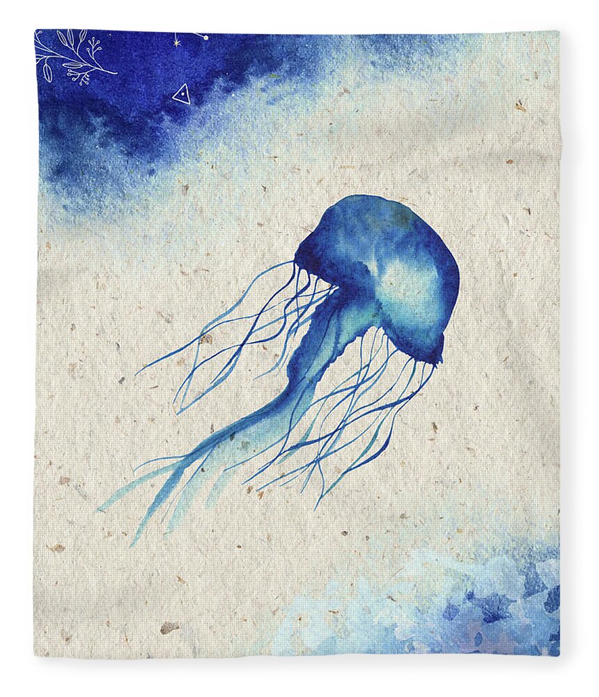Blue Jellyfish Fleece Blanket featuring the painting Blue Jellyfish by Garden Of Delights