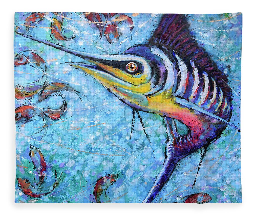 Blue Marlin Fleece Blanket featuring the painting Blue Marlin Hunting by Jyotika Shroff