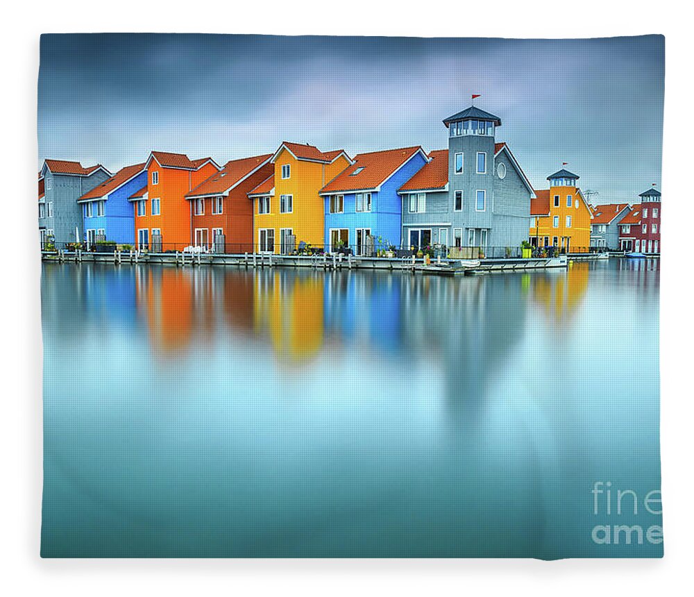 Sea Fleece Blanket featuring the photograph Blue Morning at Waters Edge Groningen Netherlands Europe Coastal Landscape Photograph by PIPA Fine Art - Simply Solid