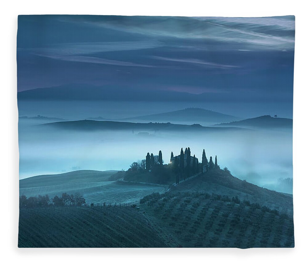 Tuscany Fleece Blanket featuring the photograph Blue Morning in Val d'Orcia by Stefano Orazzini