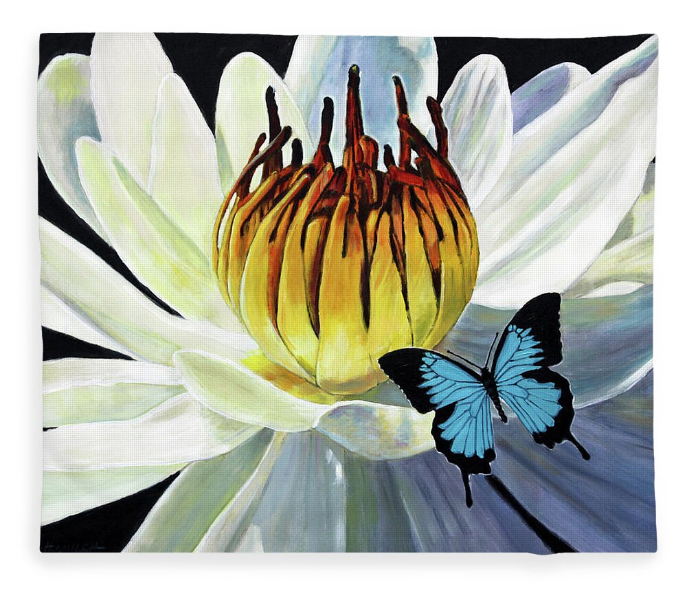 Water Lily Fleece Blanket featuring the painting Blue On Gold by John Lautermilch