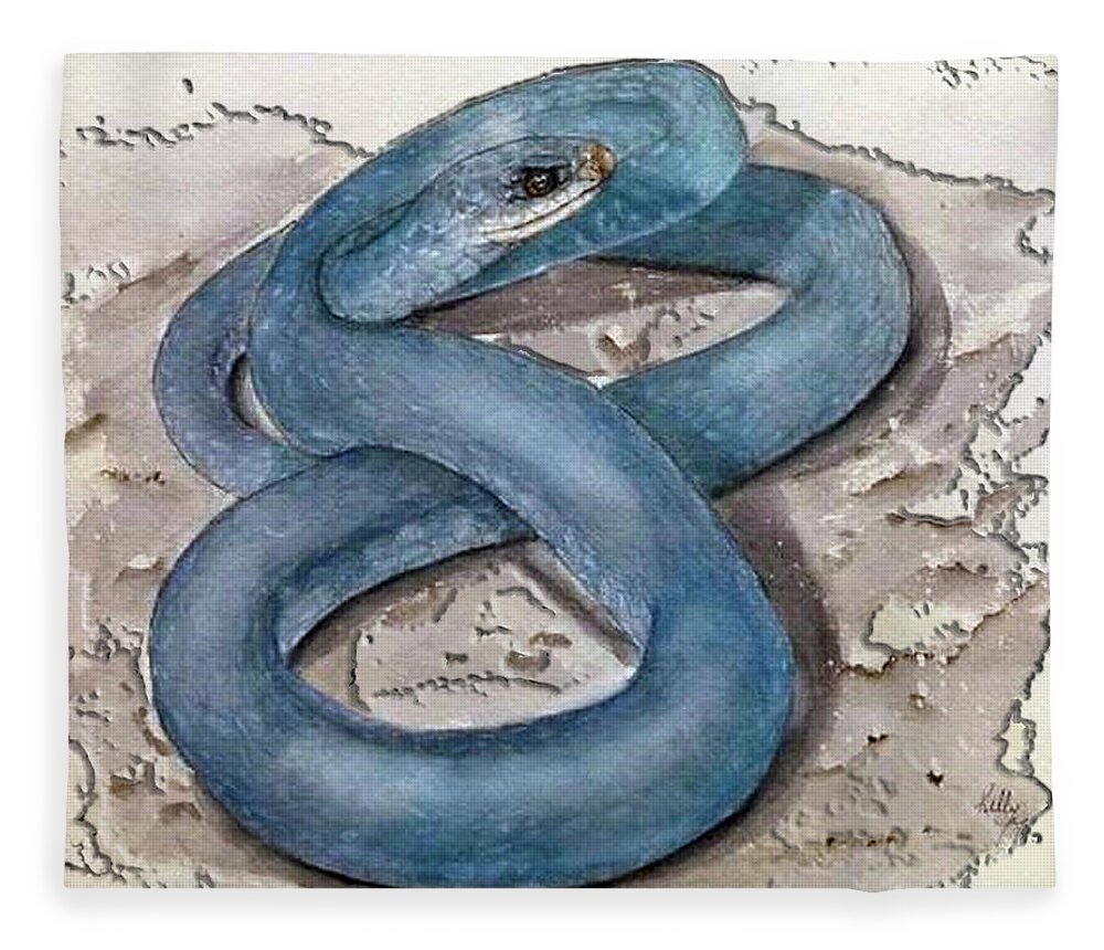 Blue Racer Snake Fleece Blanket featuring the painting Blue Racer Snake by Kelly Mills