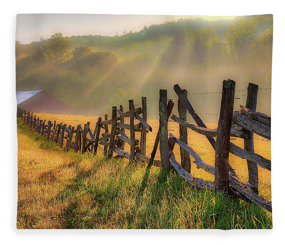 North Carolina Fleece Blanket featuring the photograph Blue Ridge Barn in the Fog by Dan Carmichael