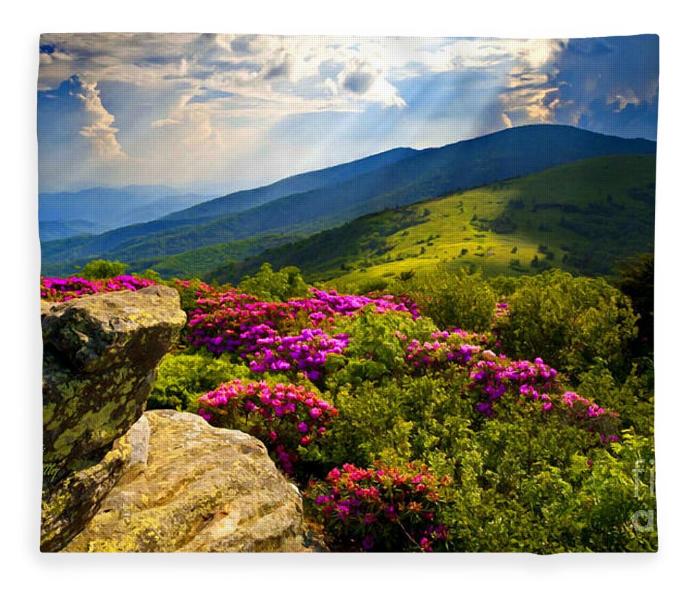 Blue Ridge Parkway Fleece Blanket featuring the mixed media Blue Ridge Parkway Catawba Rhododendrons by Sandi OReilly