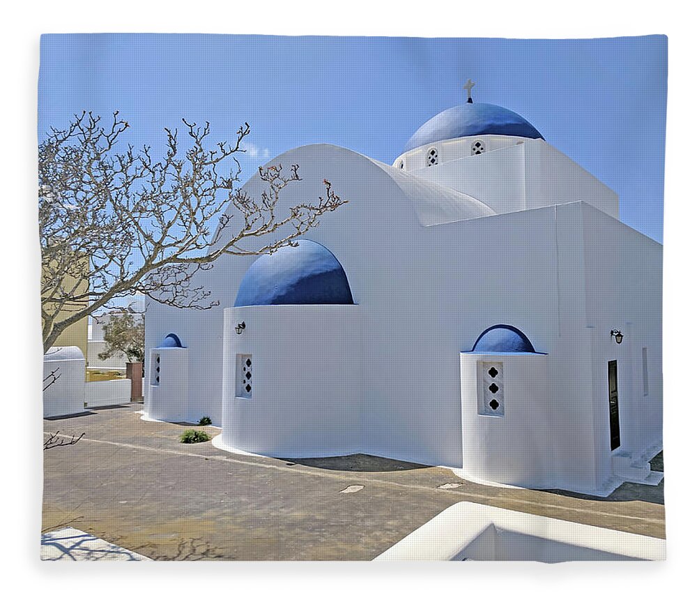 Santorini Fleece Blanket featuring the photograph Blue roofs of Santorini by Yvonne Jasinski