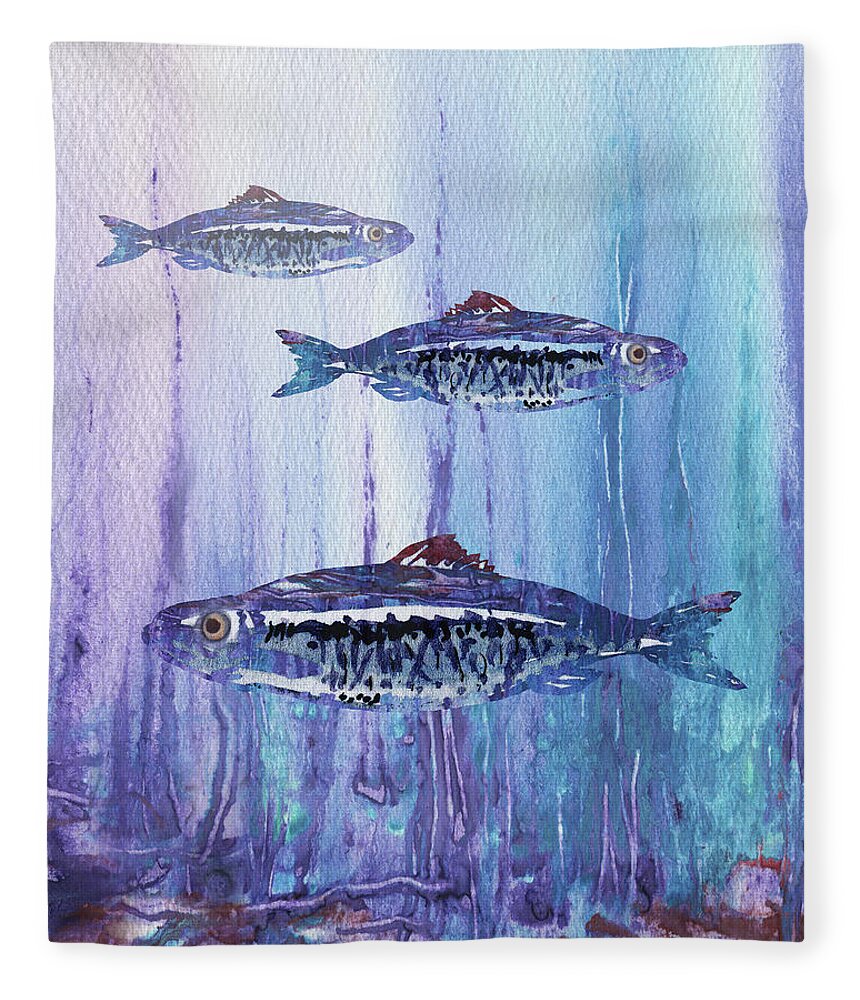 Watercolor Fleece Blanket featuring the painting Blue School Of Fish Watercolor by Irina Sztukowski
