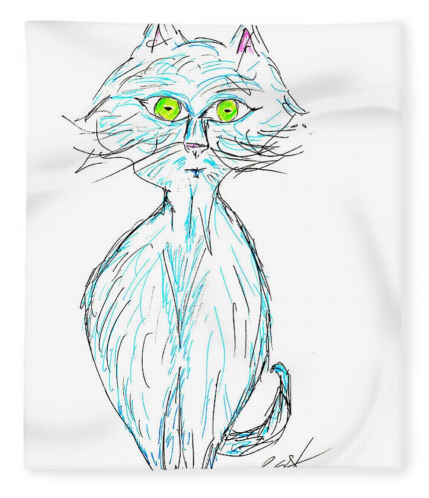 Blue Fleece Blanket featuring the drawing Blue Tabby by Brent Knippel