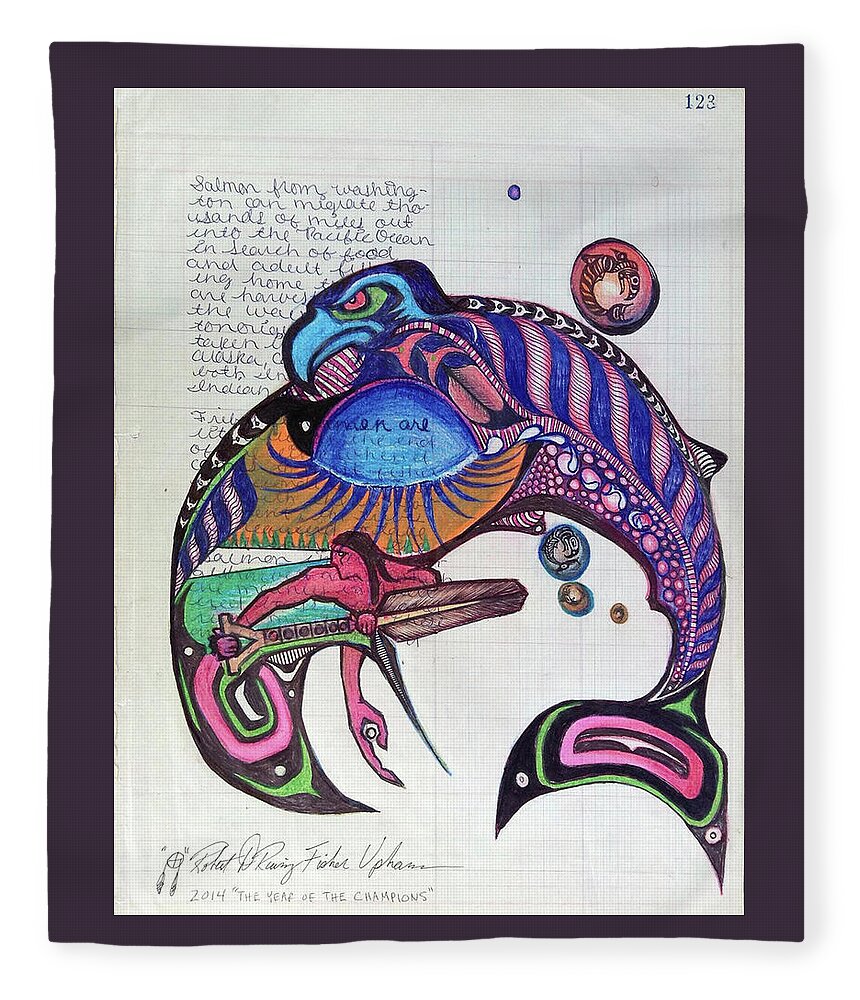 Quinault Nation Fleece Blanket featuring the drawing Blueback Salmon by Robert Running Fisher Upham