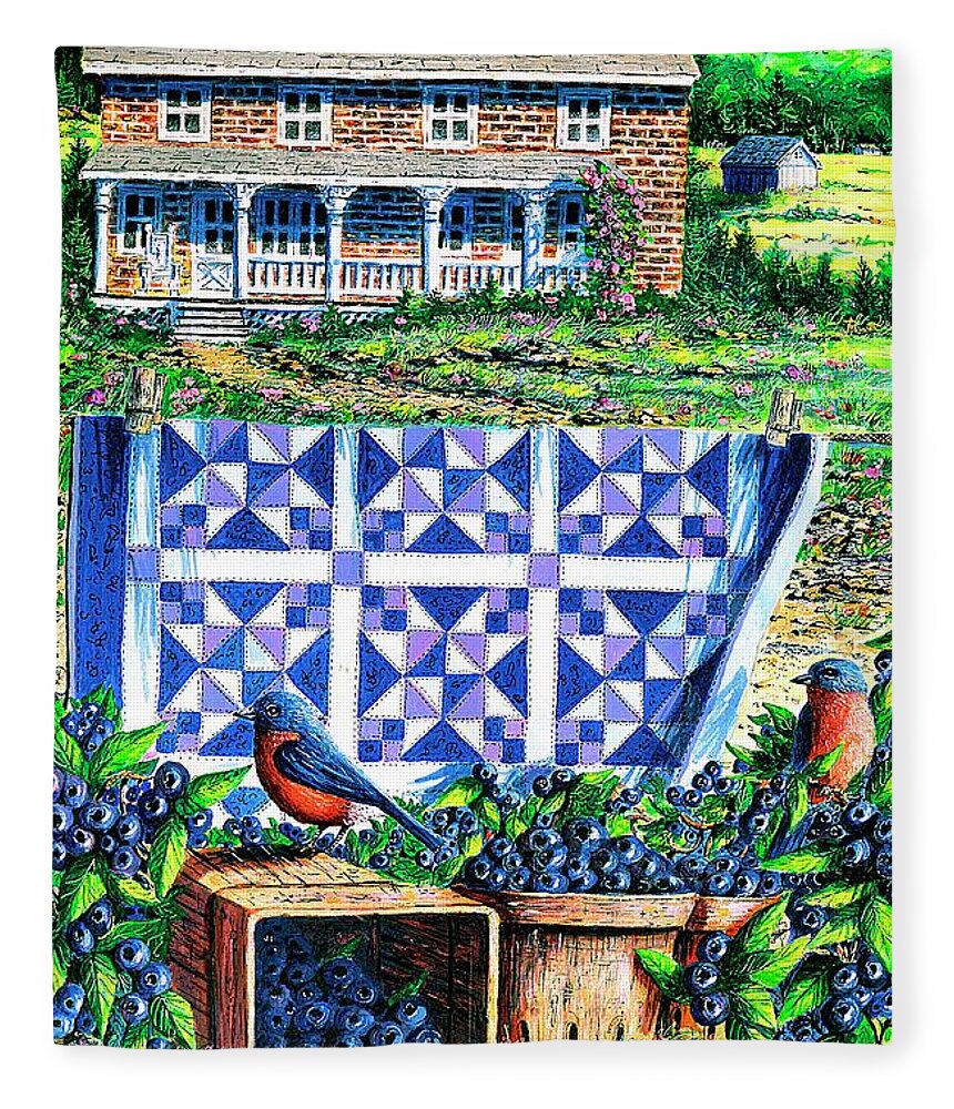 Blueberries Fleece Blanket featuring the painting Bluebirds and Blueberries by Diane Phalen