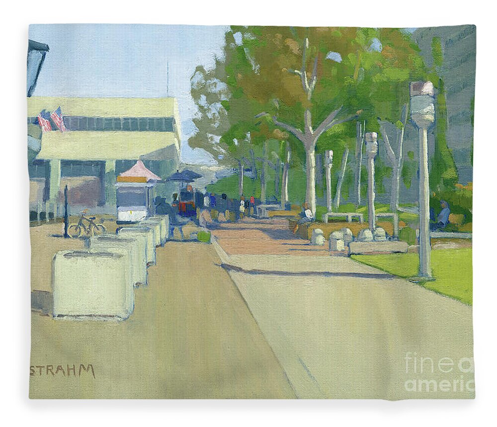 San Diego Fleece Blanket featuring the painting Boardwalk at the USS Midway - San Diego, California by Paul Strahm