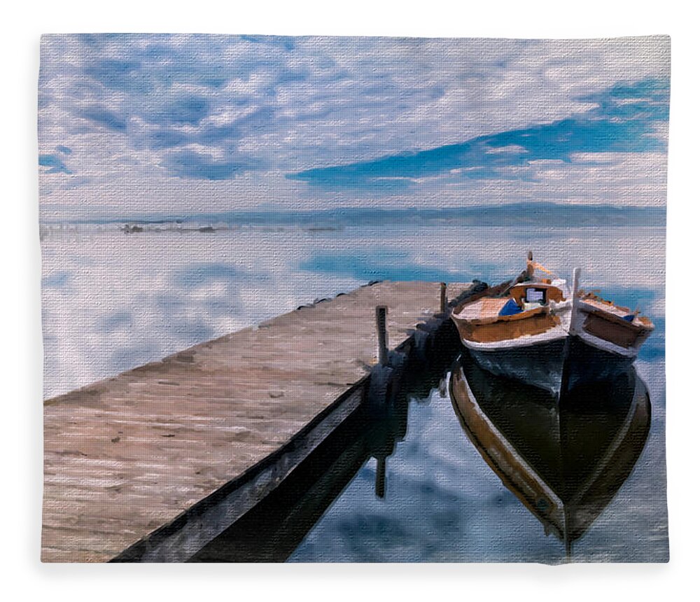 Wave Fleece Blanket featuring the painting Boat And Sky Beach by Tony Rubino